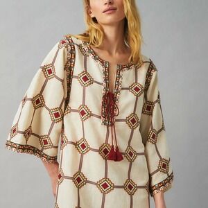 TORY BURCH Embroidered Caftan Dress Geo Print Size Small